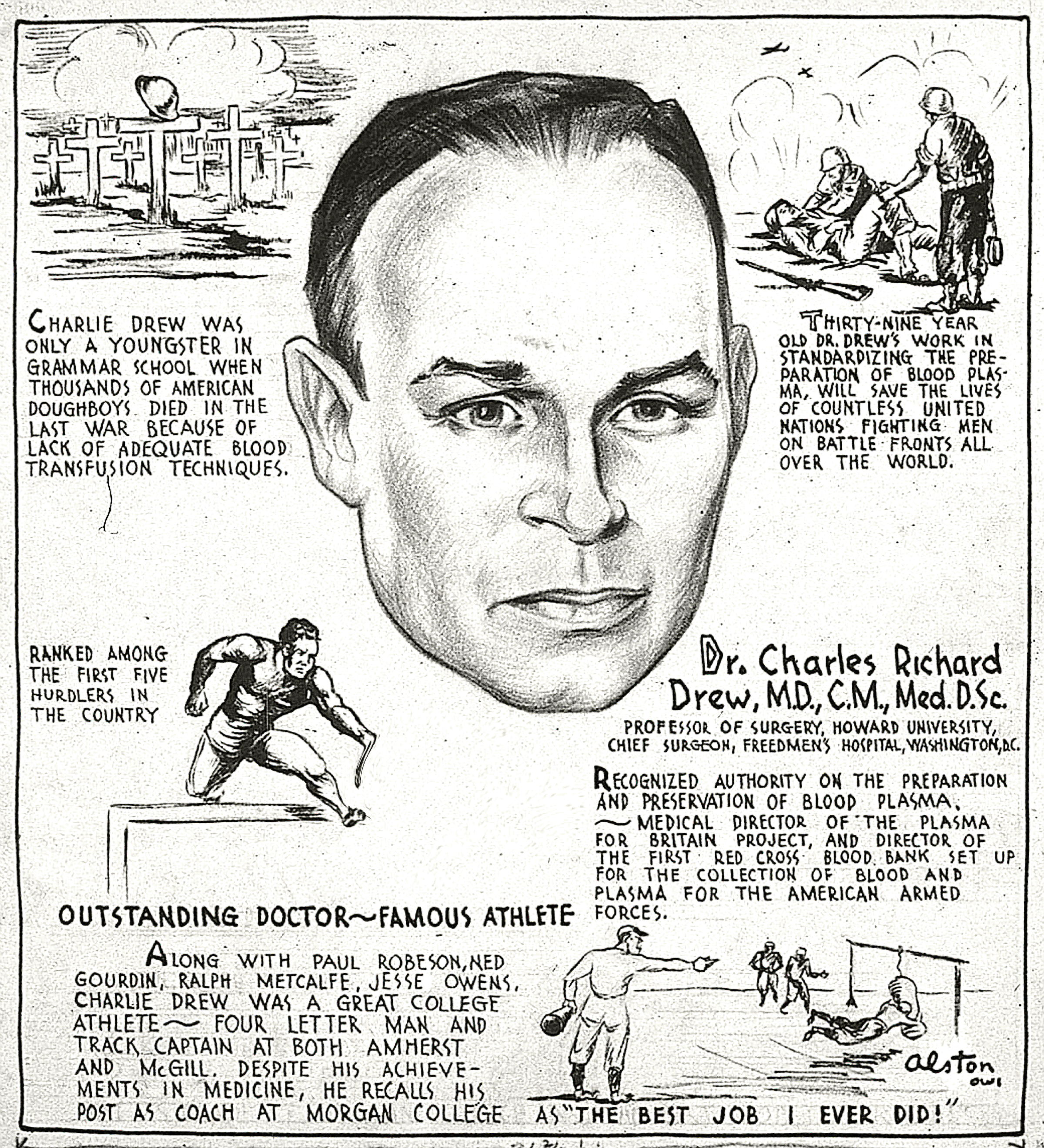 Cartoon for the Office of War Information describing 
Dr. Charles Richard Drew, by Charles Alston, 1943. Source: National Archives.
