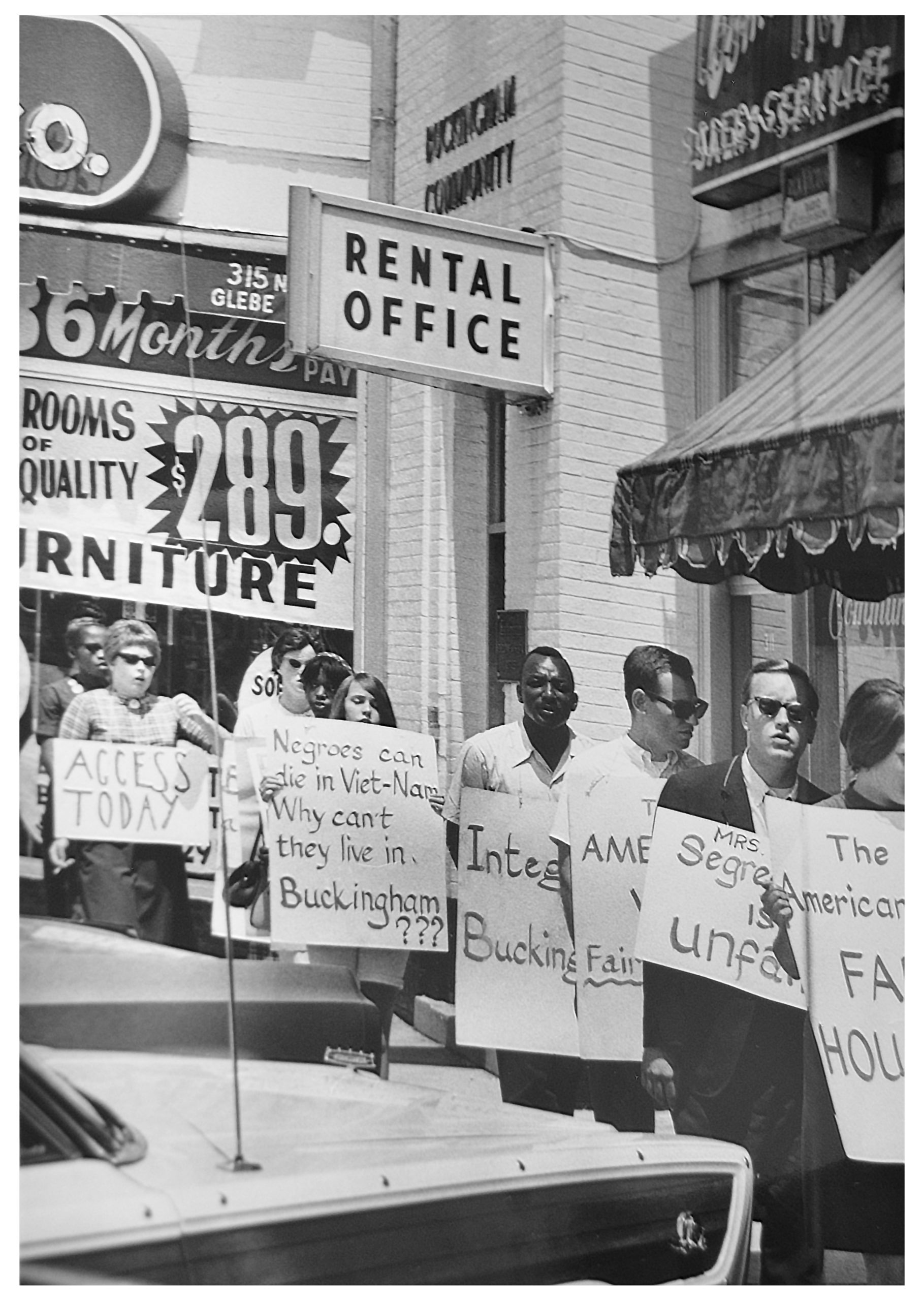 Civil rights demonstrators parade outside the rental office of Buckingham Apartments on June 9, 1966, demanding fair access to rental property. DC Public Library, Star Collection © Washington Post.