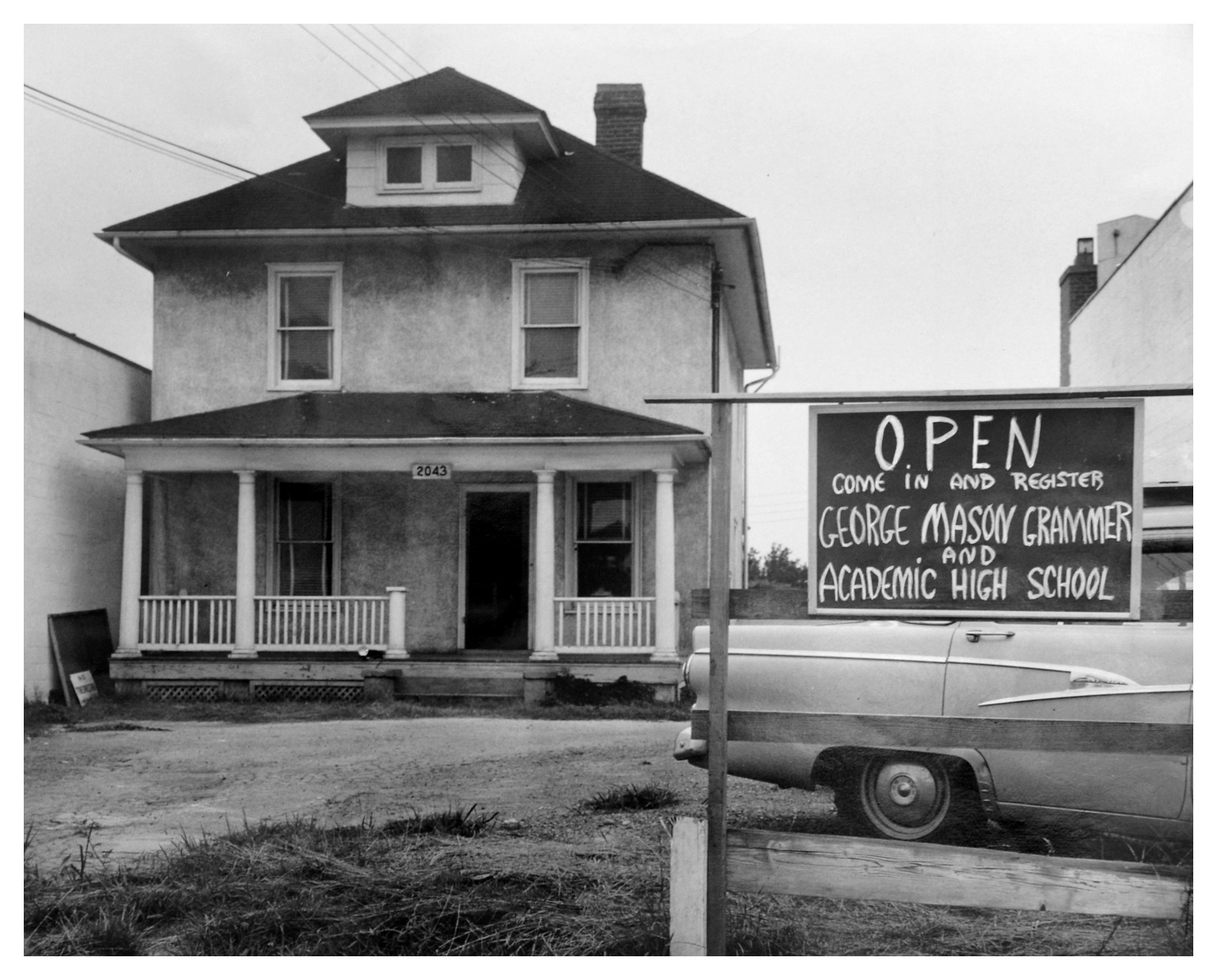 A building in Arlington selected to serve as a whites-only school in the event the state of Virginia closed Arlington’s public schools to resist desegregation, July 17, 1958. Whites-only “segregation academies'' became common across the South. Note the misspelling (“grammer'') on the sign. Source: DC Public Library, Star Collection © Washington Post.