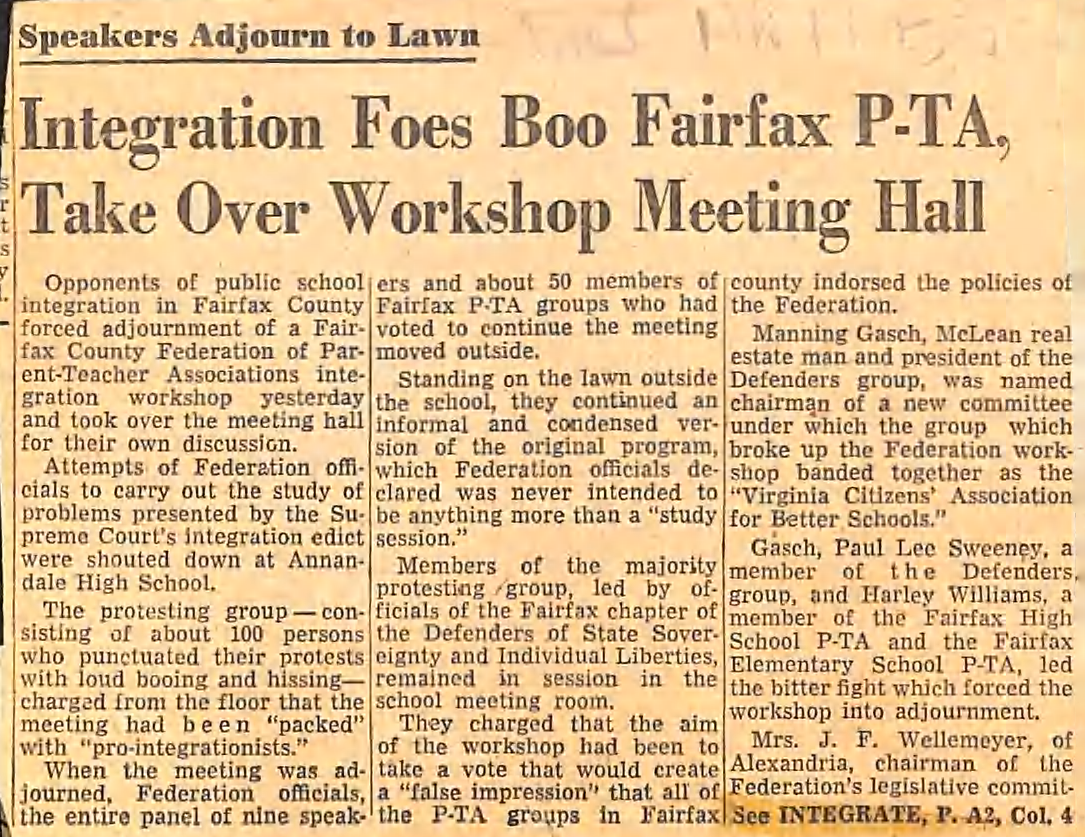 "Integration foes boo Fairfax PT-A", 1955. Washington Post. Source: Center for Local History, Arlington Public Library.