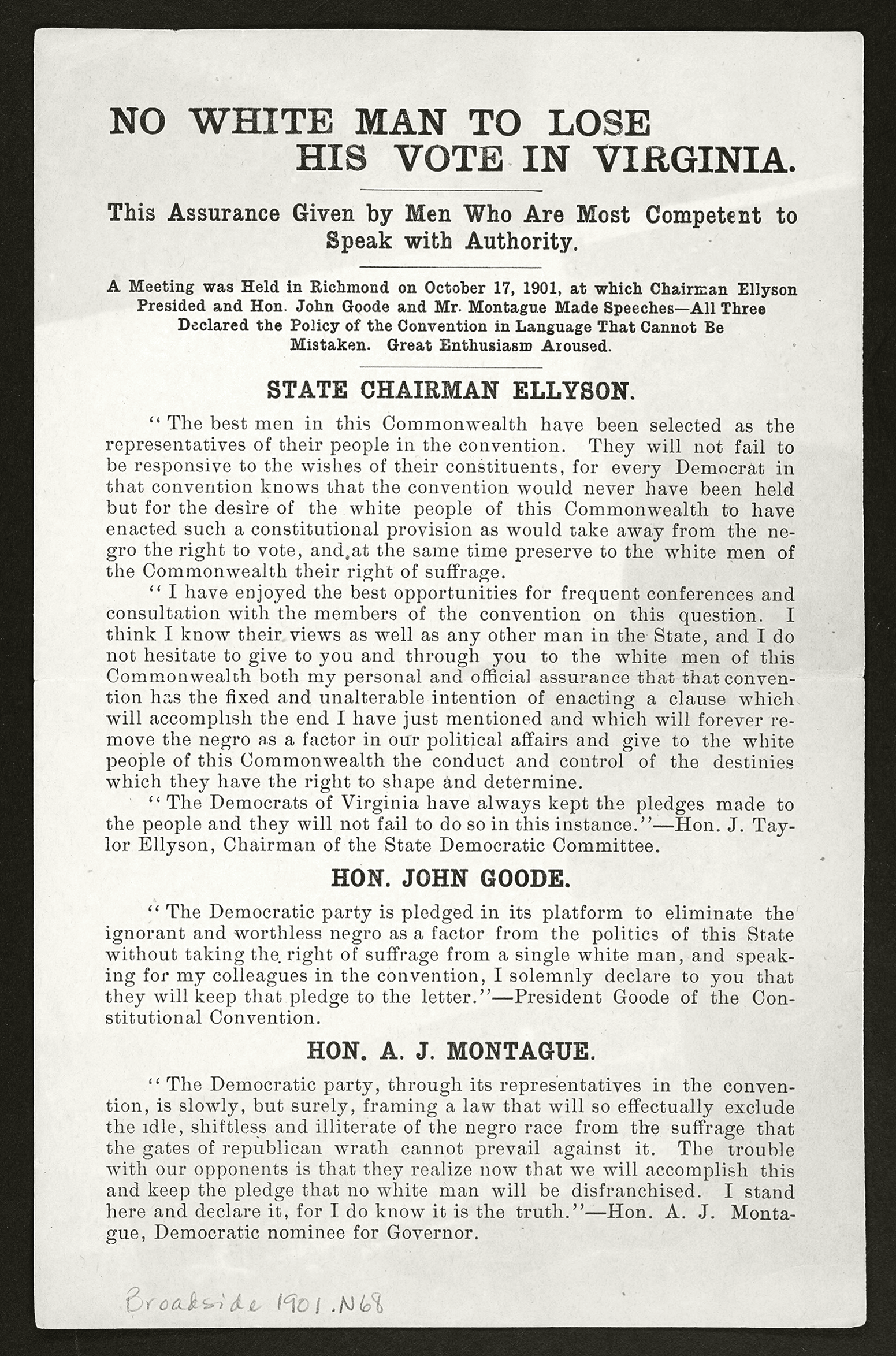 Summary of speeches on October 17, 1901 by officials offering assurances that provisions of the constitutional convention would protect the white vote. University of Virginia Library.