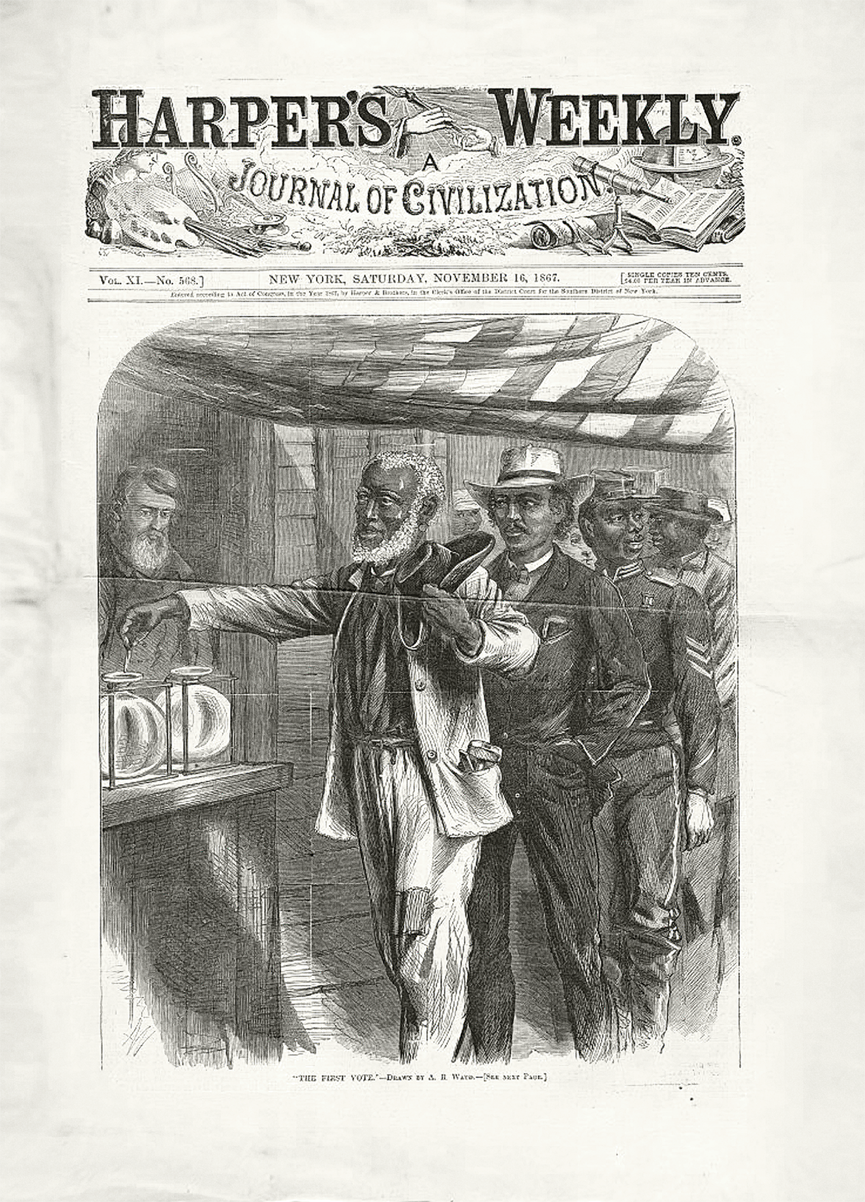 An image entitled, “First Vote,” from the cover of the November 16, 1867 issue of Harper’s Weekly, depicts Black men proudly casting their votes. Library of Congress.