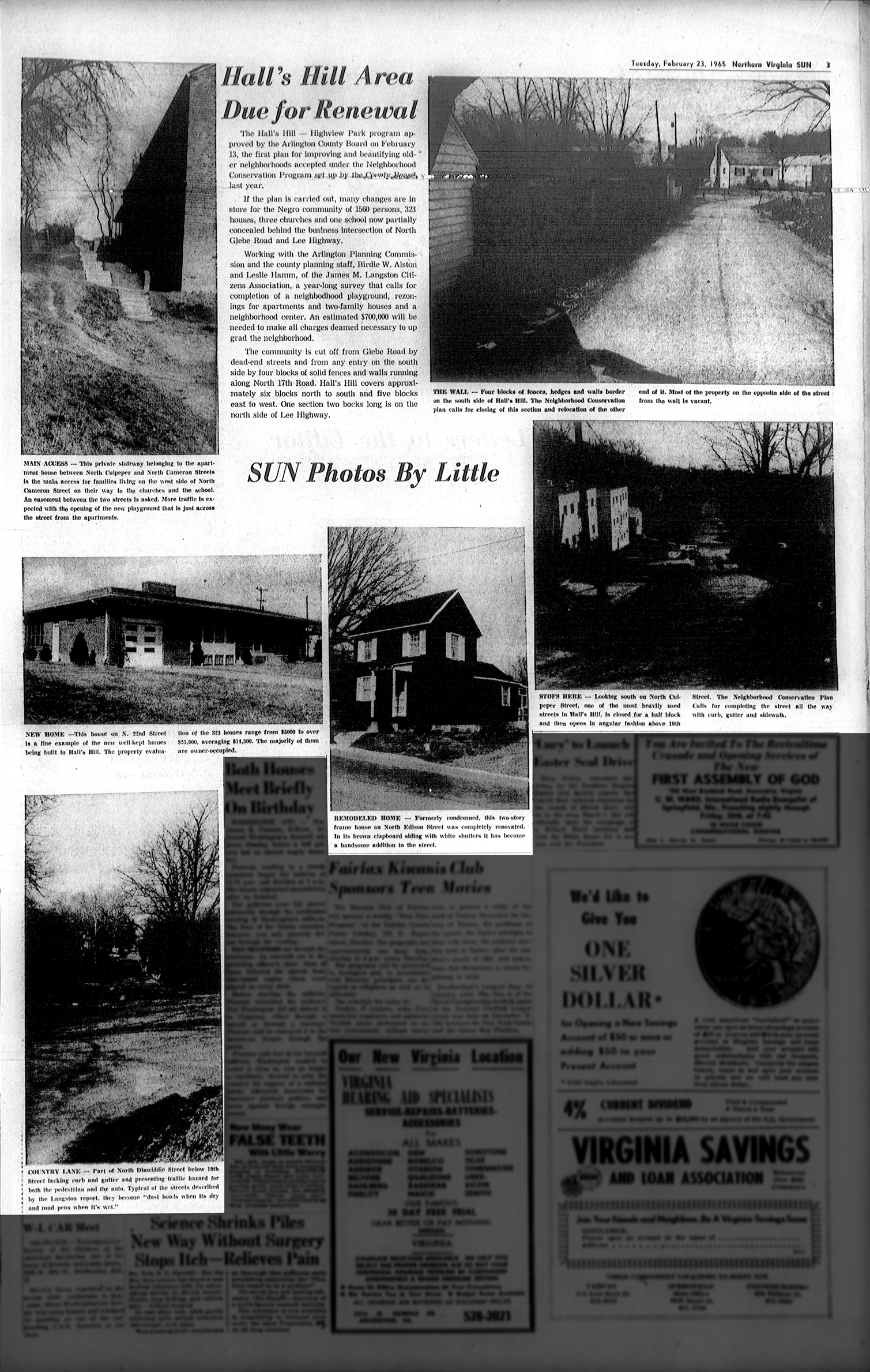 Article: "Hall's Hill Area Due for Renewal", Northern Virginia Sun, 23 February 1965: "...Negro community of 1650 persons, 322 houses, three churches, and a school... The community is cut off from Glebe Road by dead-end streets and from any entry on the south side by four blocks of solid fences and walls running along North 17th Street." Source: Virginia Chronicle, Library of Virginia.