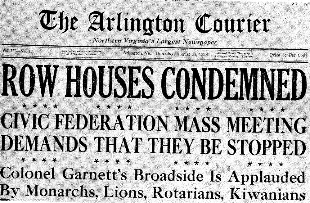 A 1938 local news headline covering the proposed ban on row houses because they would detract from the “single-family character” of Arlington. Residents of row houses were often people of color. Headline from the Arlington Courier, 1938. Center for Local History, Arlington Public Library.