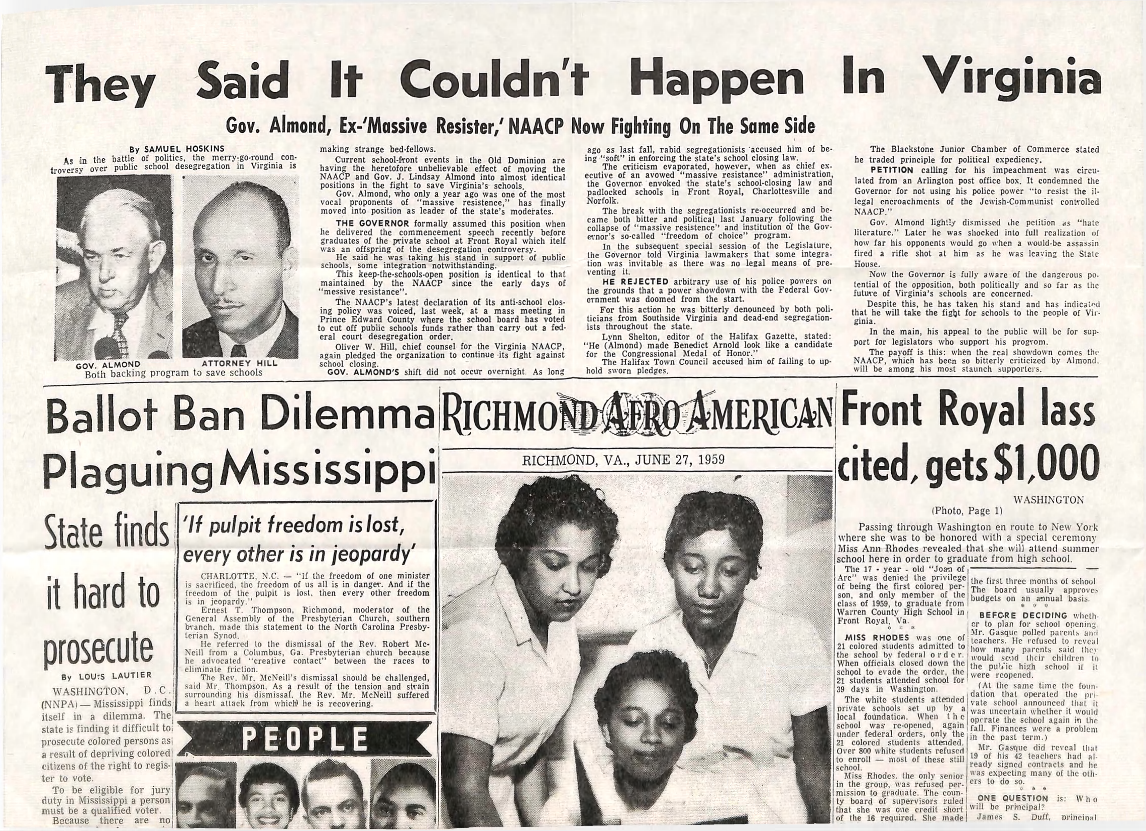 Article concerning the events in Virginia that have caused Governor J. Lindsay Almond and the NAACP to be in agreement on supporting public schools in Virginia against massive resistance. Richmond Afro-American, June 27, 1959. Source: Center for Local History, Arlington Public Library.