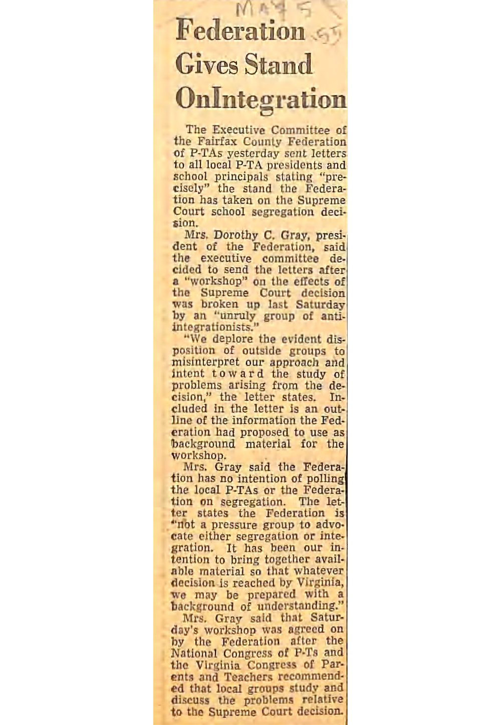 Federation Gives Stand
On lntegration. May 5, 1955. Source: Center for Local History, Arlington Public Library.
