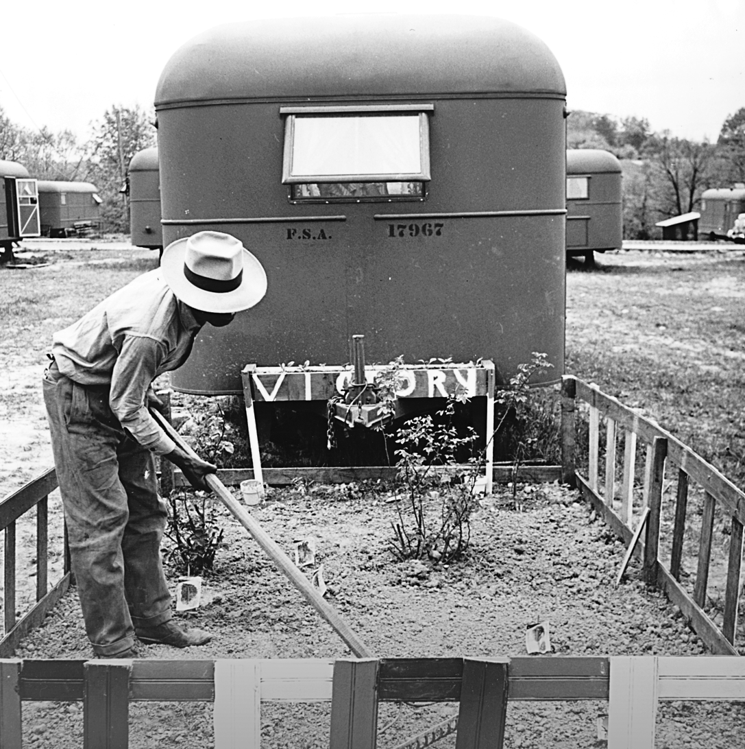 Arlington trailer camp occupant tending to his wartime “victory” garden, 1942. A clear act of patriotism in the midst of overt discrimination and government-sanctioned displacement. Source:  Library of Congress.